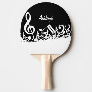 Personalized White Jumbled Musical Notes on Black Ping-Pong Paddle