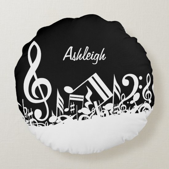 Personalized White Jumbled Musical Notes on Black Round Pillow
