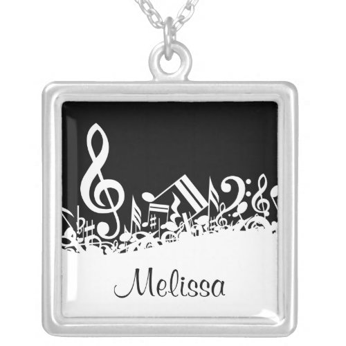 Personalized White Jumbled Musical Notes on Black Silver Plated Necklace