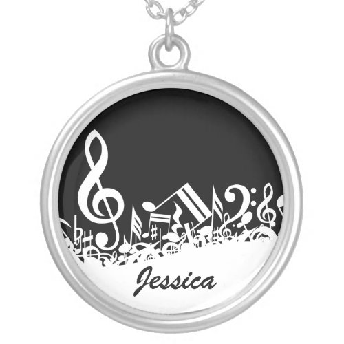 Personalized White Jumbled Musical Notes on Black Silver Plated Necklace