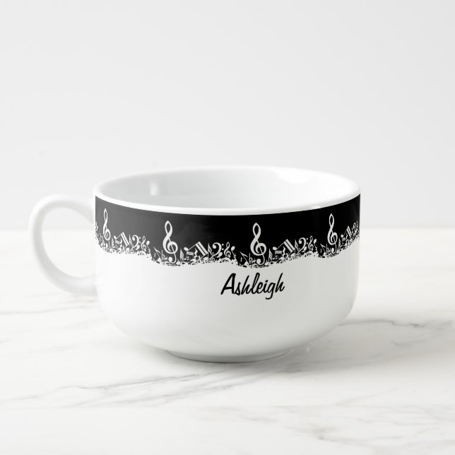Personalized White Jumbled Musical Notes on Black Soup Mug (Right)