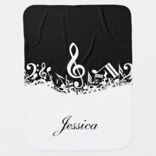 Personalized White Jumbled Musical Notes on Black Swaddle Blanket