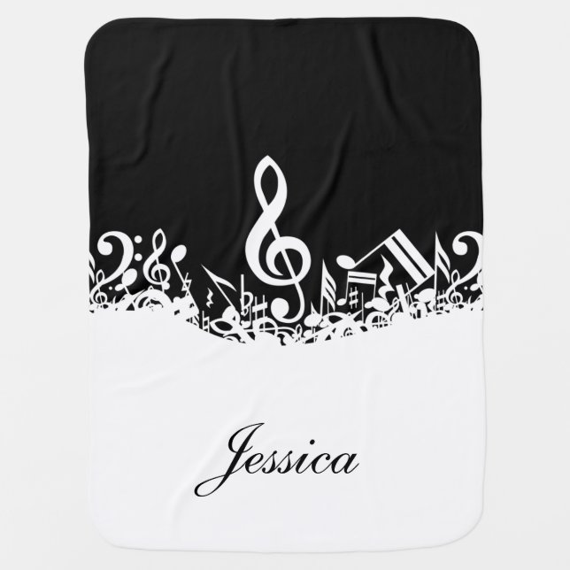 Personalized White Jumbled Musical Notes on Black Swaddle Blanket (Front)