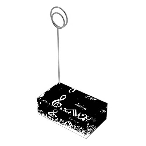 Personalized White Jumbled Musical Notes on Black Table Card Holder