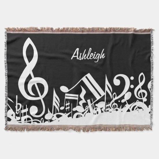 Personalized White Jumbled Musical Notes on Black Throw Blanket