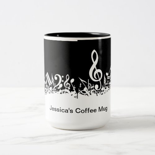 Personalized White Jumbled Musical Notes on Black Two_Tone Coffee Mug