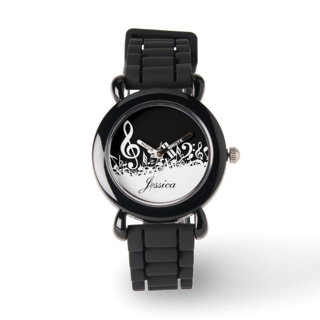 Personalized White Jumbled Musical Notes on Black Watch (Front)