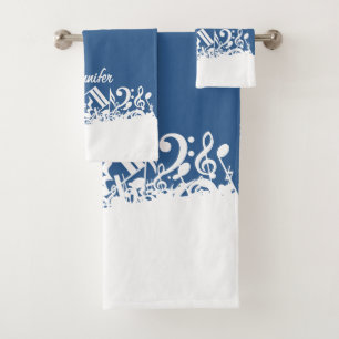 Personalized White Jumbled Musical Notes on Blue Bath Towel Set