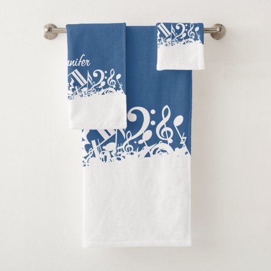Personalized White Jumbled Musical Notes on Blue Bath Towel Set