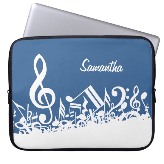 Personalized White Jumbled Musical Notes on Blue Laptop Sleeve
