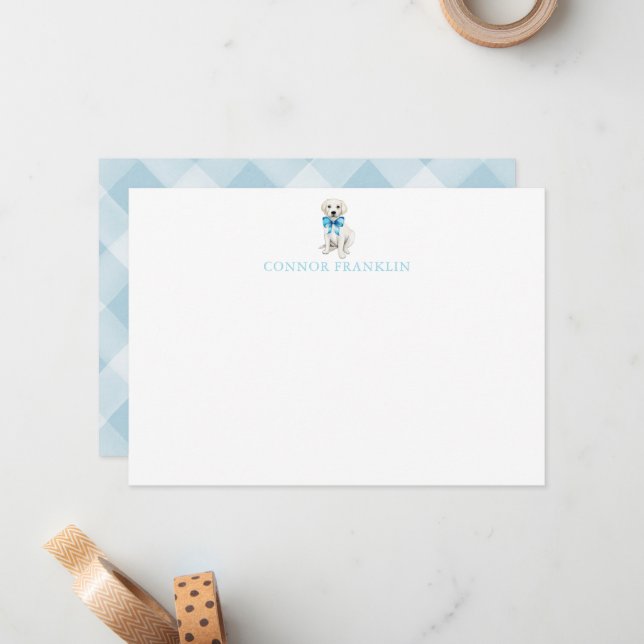 Personalized White Lab Gingham Baby Boy Stationery Note Card (Front/Back In Situ)