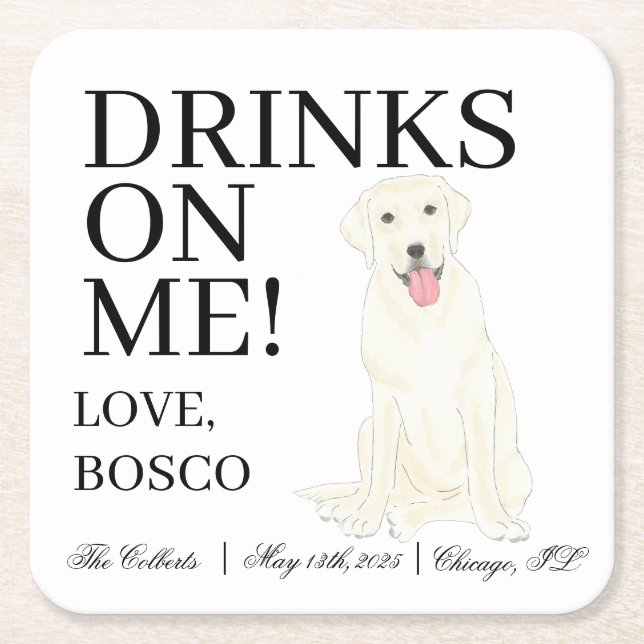 Personalized White Labrador Dog Wedding Square Paper Coaster (Front)
