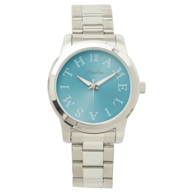 Personalized White Letter Dial Teal Blue Gradient Watch (Front)