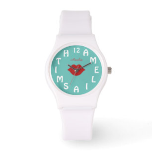 Personalized White Letter Dial Teal Red Lips Watch