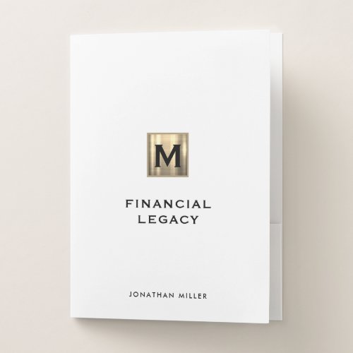 Personalized White Linen Gold Monogram Financial Pocket Folder