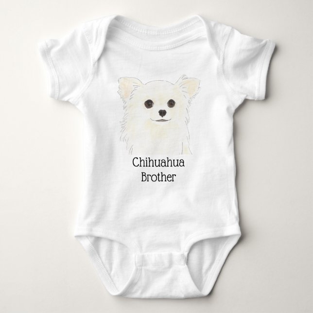 Personalized White Long Haired Chihuahua Dog Baby Bodysuit (Front)