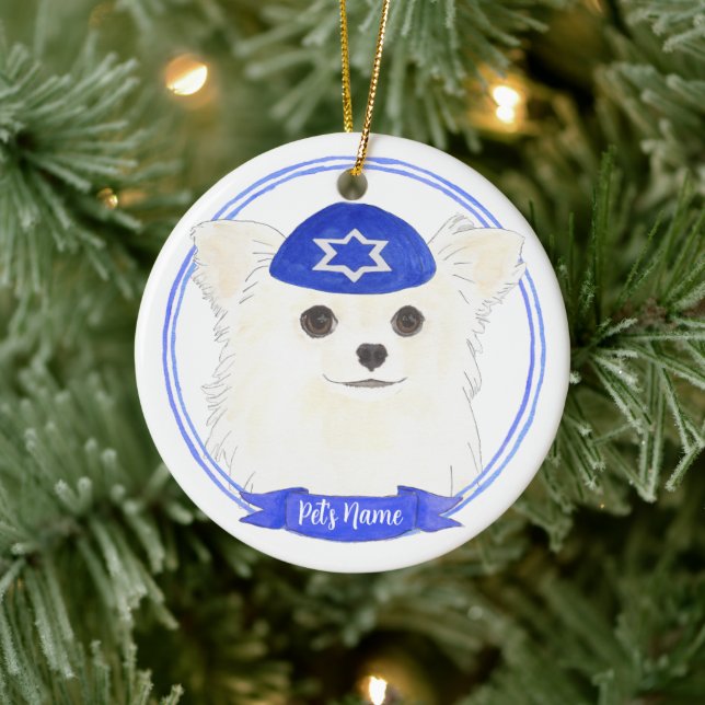 Personalized White Long Haired Chihuahua Hanukkah Ceramic Ornament (Tree)