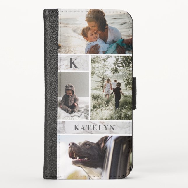 Personalized White Marble Custom 4 Photo Collage iPhone Wallet Case (Front)