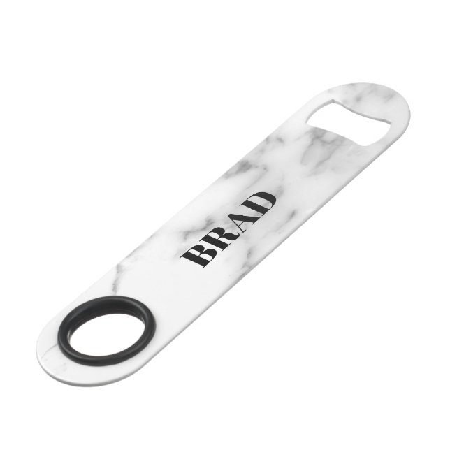 Personalized white marble Pro Speed bottle opener (Front Angled)