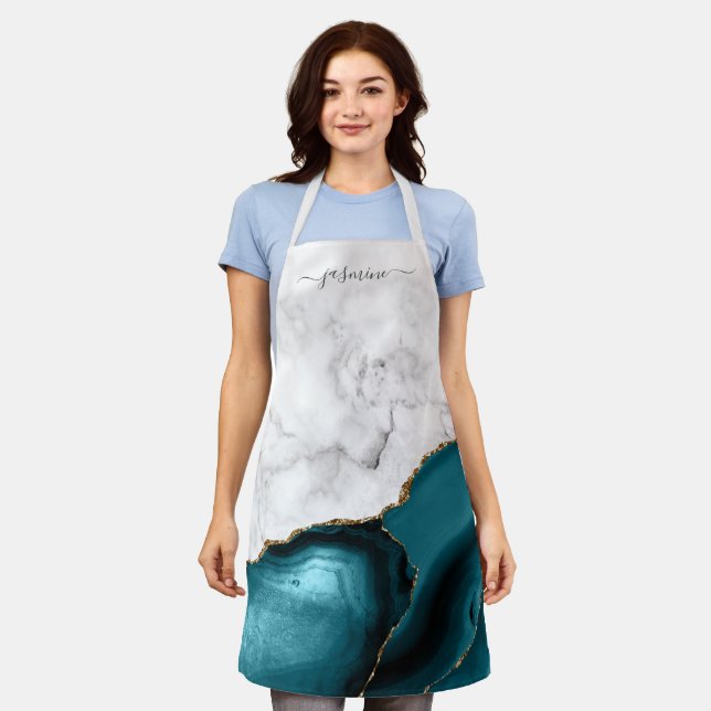 Personalized White Marble Teal Blue Gold Agate Apron (Worn)