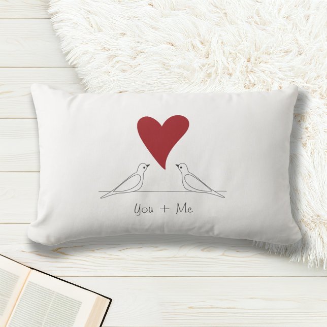 Personalized White Modern Birds in Love Red Heart Lumbar Pillow (Creator Uploaded)