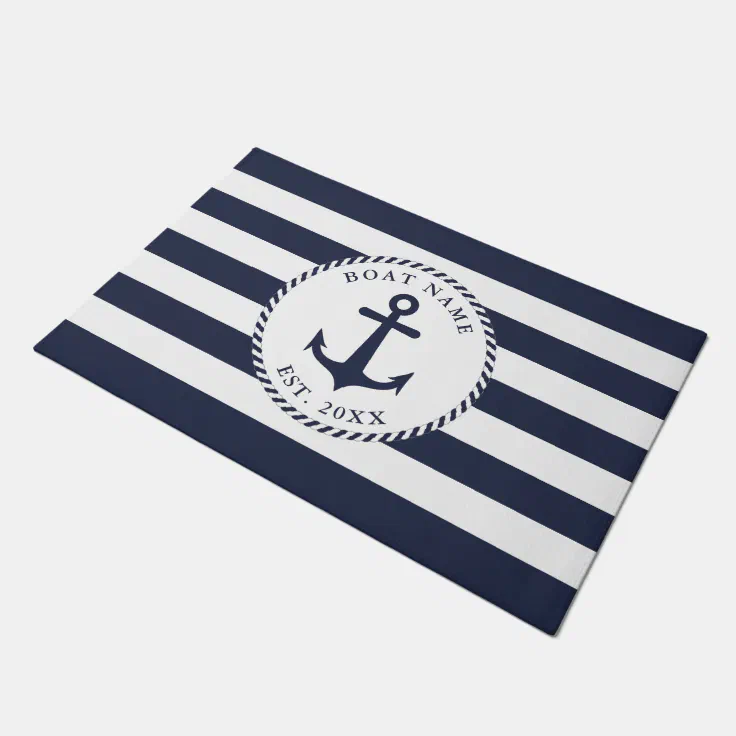 Personalized White Navy Blue Nautical Anchor Doormat 