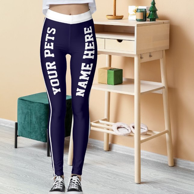 Personalized White Navy Blue Stripes Pet Names Leggings (Creator Uploaded)