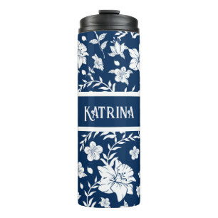 Personalized White Navy Floral Decorative Tumbler