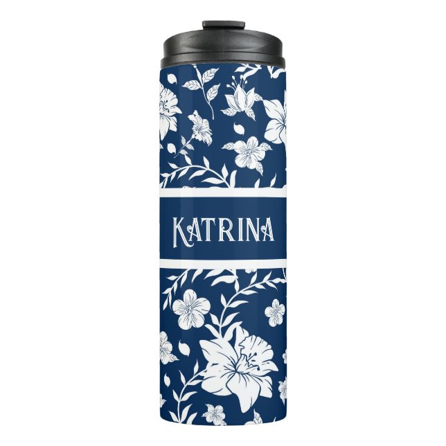 Personalized White Navy Floral Decorative Tumbler (Front)