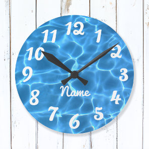Personalized White Number Aqua Blue Swimming Pool Round Clock
