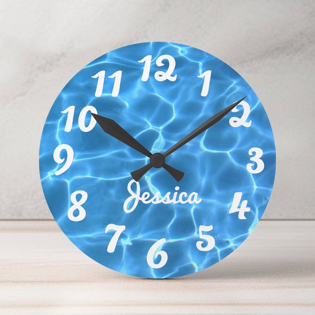 Personalized White Number Aqua Blue Swimming Pool Round Clock (Personalized White Number Aqua Blue Swimming Pool Round Clock)