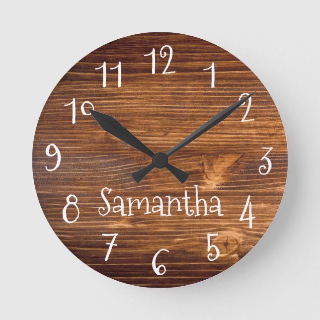 Personalized White Numbers Brown Wood Photo Round Clock (Front)