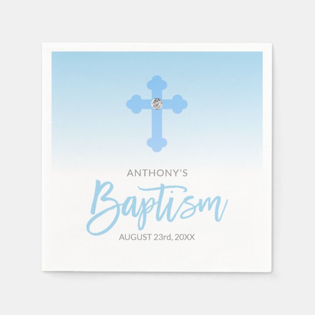 Personalized White Pastel Blue Boy Cross BAPTISM Napkins (Front)