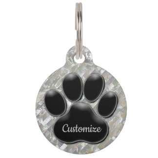 Personalized White Pearl Black Paw Print Pet ID Tag