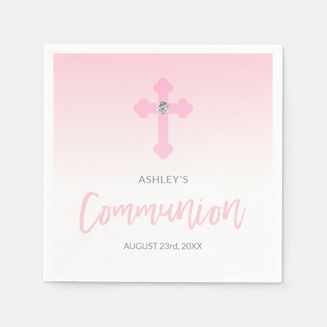 Personalized White Pink GIRL Cross Holy COMMUNION Napkins (Front)