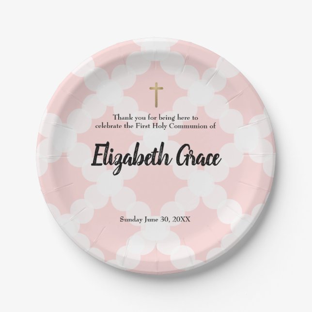 Personalized White Pink Gold Cross First Communion Paper Plates (Front)