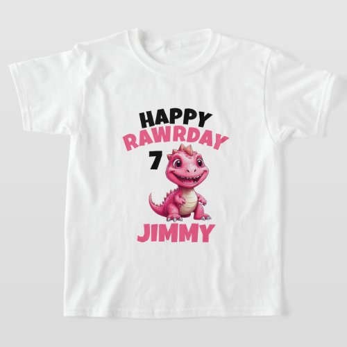 Personalized White  Pink Rawr Kid Trex Birthday T_Shirt