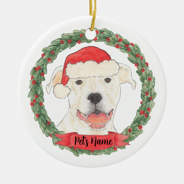 Personalized White Pitbull Staffy Ceramic Ornament (Front)