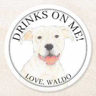 Personalized White Pitbull Staffy Dog Wedding Round Paper Coaster