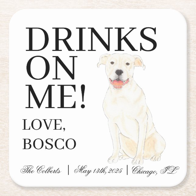 Personalized White Pitbull Staffy Dog Wedding Square Paper Coaster (Front)