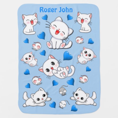 Personalized White Playful Kittens Baby Blanket
