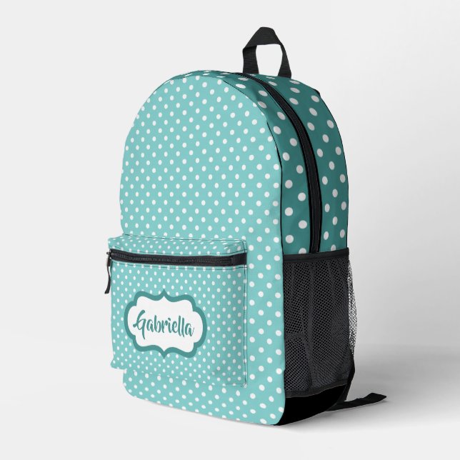 Personalized White Polka Dots On Teal Mint Green Printed Backpack (Back Corner Right)