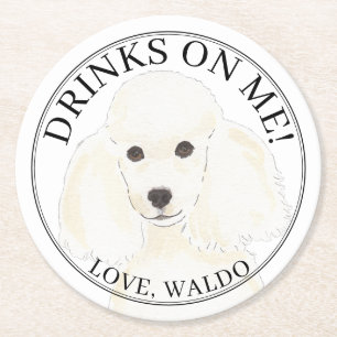Personalized White Poodle Dog Wedding Round Paper Coaster
