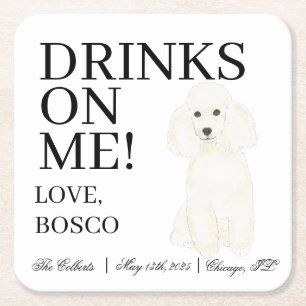 Personalized White Poodle Dog Wedding Square Paper Coaster