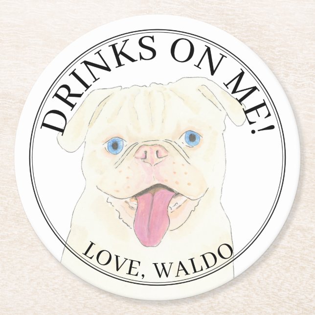 Personalized White Pug Dog Wedding Round Paper Coaster (Front)