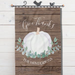 Personalized White Pumpkin Eucalyptus Thanksgiving Kitchen Towel<br><div class="desc">This rustic Thanksgiving kitchen towel is decorated with a white watercolor pumpkin and eucalyptus in soft shades of green on a barn wood background. It says "Give Thanks" in stylish script typography. Easily customizable. Makes a great hostess gift. As we create our artwork you won't find this exact image from...</div>