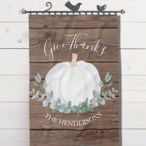 Personalized White Pumpkin Eucalyptus Thanksgiving Kitchen Towel