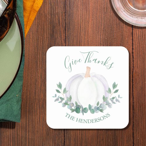Personalized White Pumpkin Eucalyptus Thanksgiving Square Paper Coaster