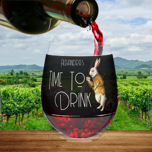 Personalized  White Rabbit Time To Drink Stemless Wine Glass
