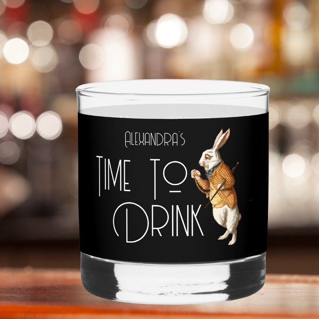Personalized  White Rabbit Time To Drink Whiskey Glass (Creator Uploaded)
